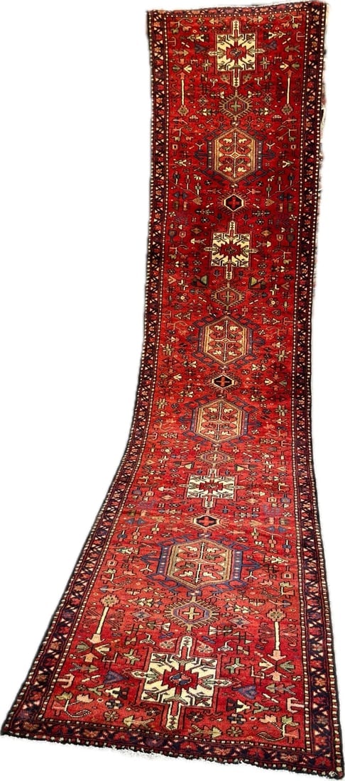 Persian Karajeh Hand-Knotted Runner Red Tribal Wool Rug 3' x 16'1": Title:Persian Karajeh Hand-Knotted Runner Red Tribal Wool Rug 3' x 16'1" Description:• Rug Number: D190 • Country of Origin: Iran • Style, Design: Persian Karajeh, Geometric, Tribal,