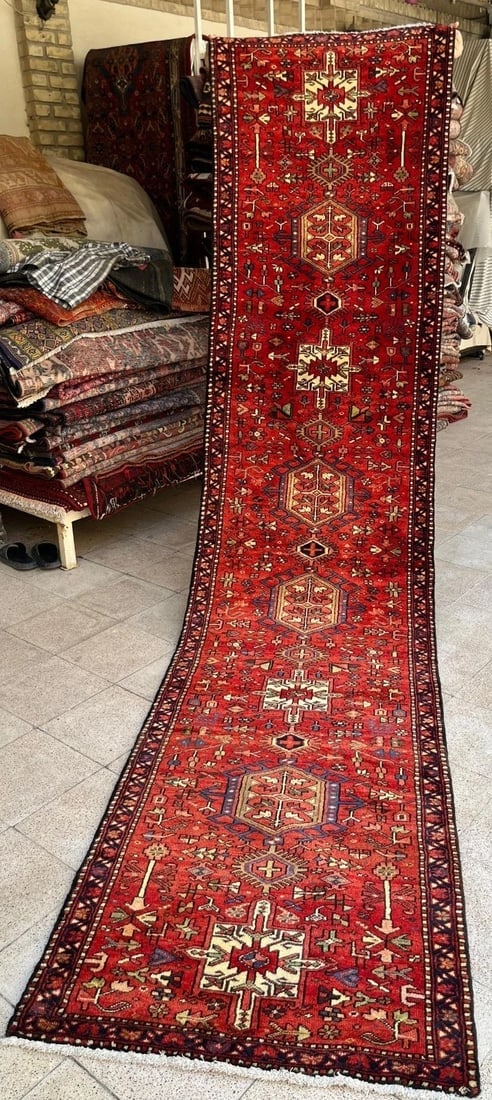 Persian Karajeh Hand-Knotted Runner Red Tribal Wool Rug 3' x 16'1" - 9