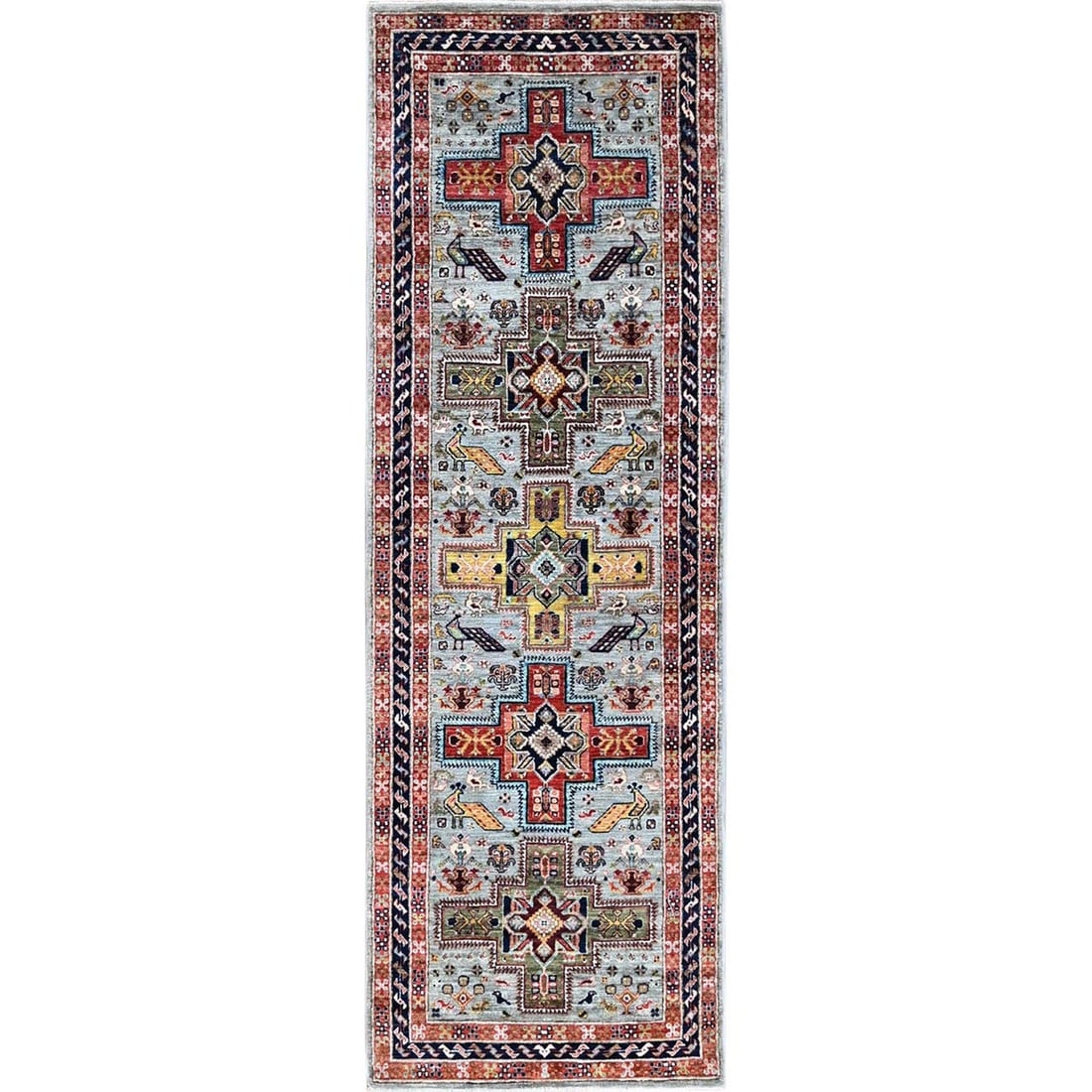 Gray Hand Knotted Wool Armenian Inspired Caucasian Design Runner Rug: Title: Gray Hand Knotted Wool Armenian Inspired Caucasian Design Runner RugDescription:This is a truly genuine one-of-a-kind. It has been Knotted for months and months in the centuries-old weaving