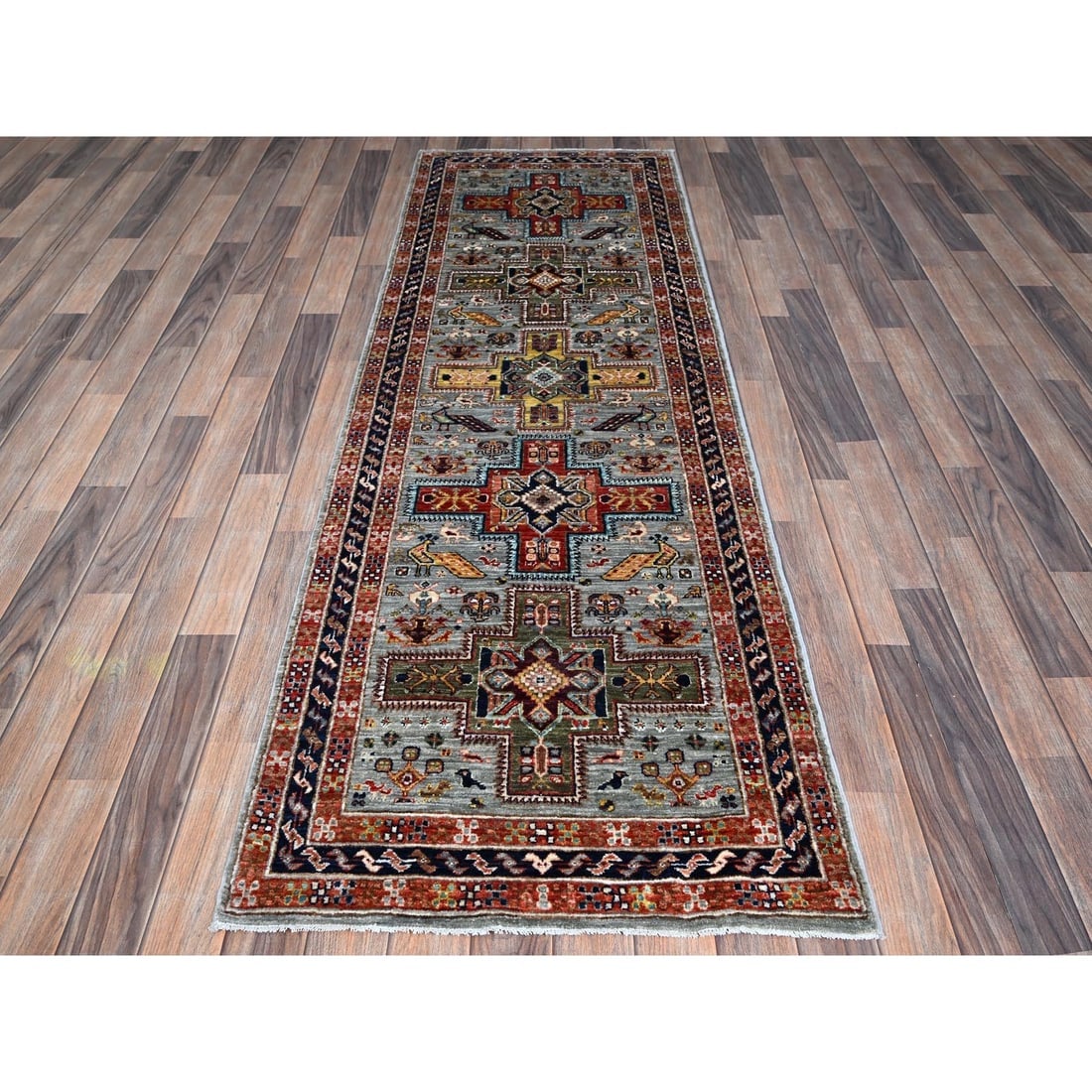 Gray Hand Knotted Wool Armenian Inspired Caucasian Design Runner Rug - 2