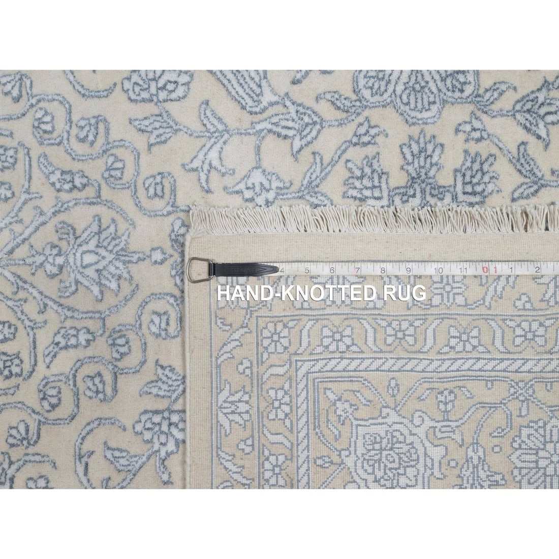 Linen White Persian Design Wool and Plant Based Silk Hand Knotted Rug - 11