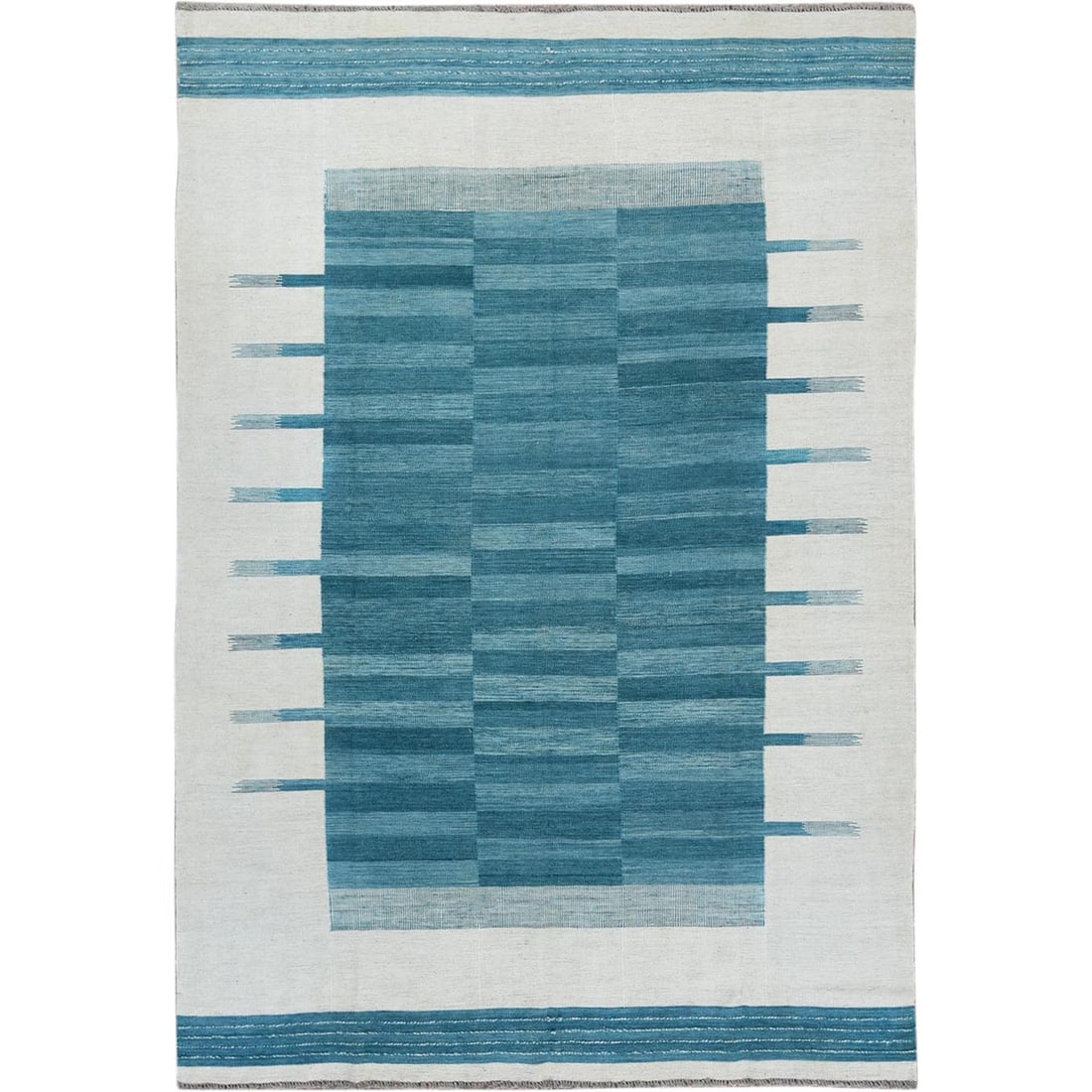 Flat Weave Kilim Aquamarine Stripe Design Natural Wool Hand Woven Rug: Title: Flat Weave Kilim Aquamarine Stripe Design Natural Wool Hand Woven Rug Description:This is a truly genuine one-of-a-kind. It has been Knotted for months and months in the centuries-old weaving c