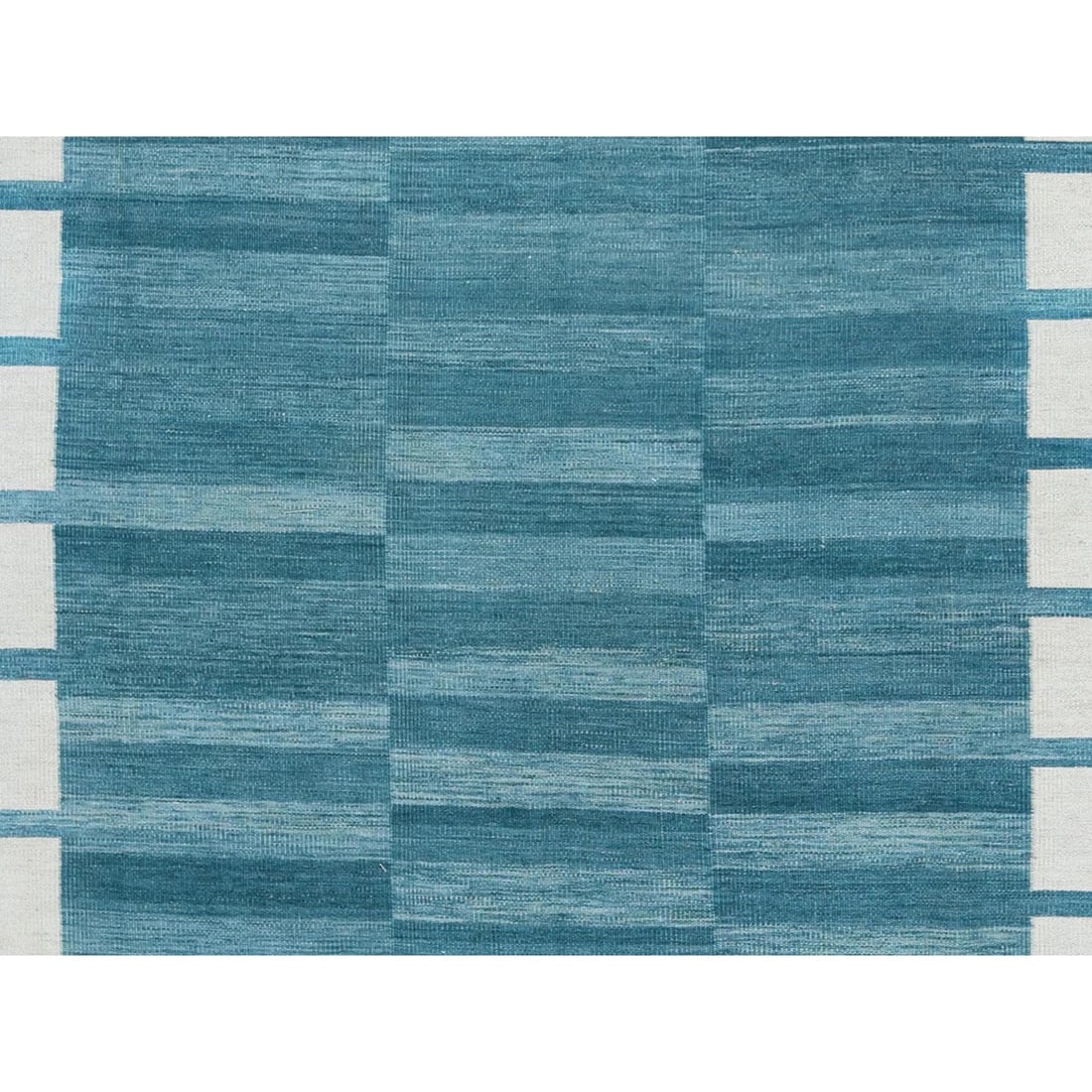 Flat Weave Kilim Aquamarine Stripe Design Natural Wool Hand Woven Rug - 2