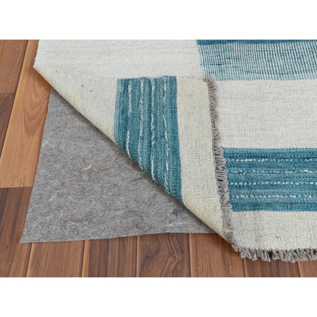 Flat Weave Kilim Aquamarine Stripe Design Natural Wool Hand Woven Rug - 3