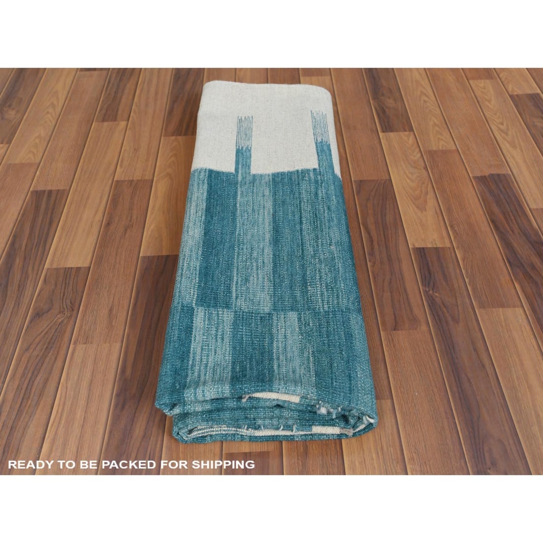 Flat Weave Kilim Aquamarine Stripe Design Natural Wool Hand Woven Rug - 5