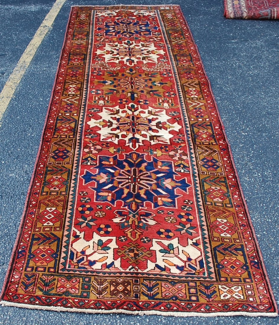 PERSIAN HERIZ RUNNER RUG 3'5" x10'5": Title: PERSIAN HERIZ RUNNER RUG 3'5" x10'5" Description:OLD, ANTIQUE AUTHENTIC HAND KNOTTED PERSIAN HERIZ RUG RUNNER...Geometric design very colorful with wool woven on cotton foundation and a rare si