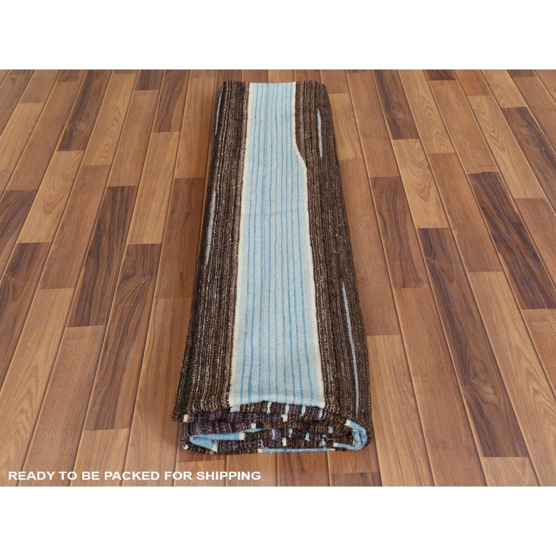 Wool Hand Woven Brown And Blue Mountain Design Flat Weave Kilim Rug - 5