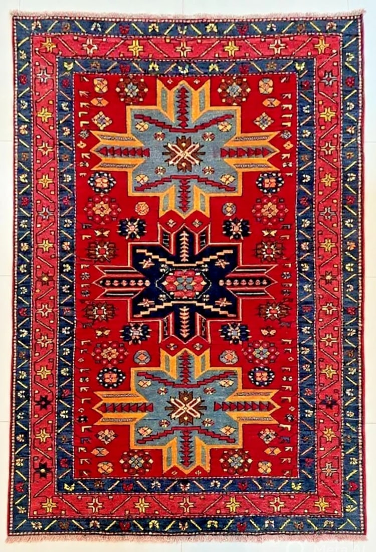 Hand Knotted Karabagh Tribal Wool Red Caucasian Oriental Rug 4'4" x 7" - 8