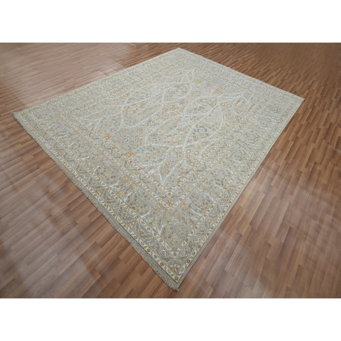 Misty Gray Hand Knotted Tree of Life Design Tone on Tone Pure Wool Rug - 3
