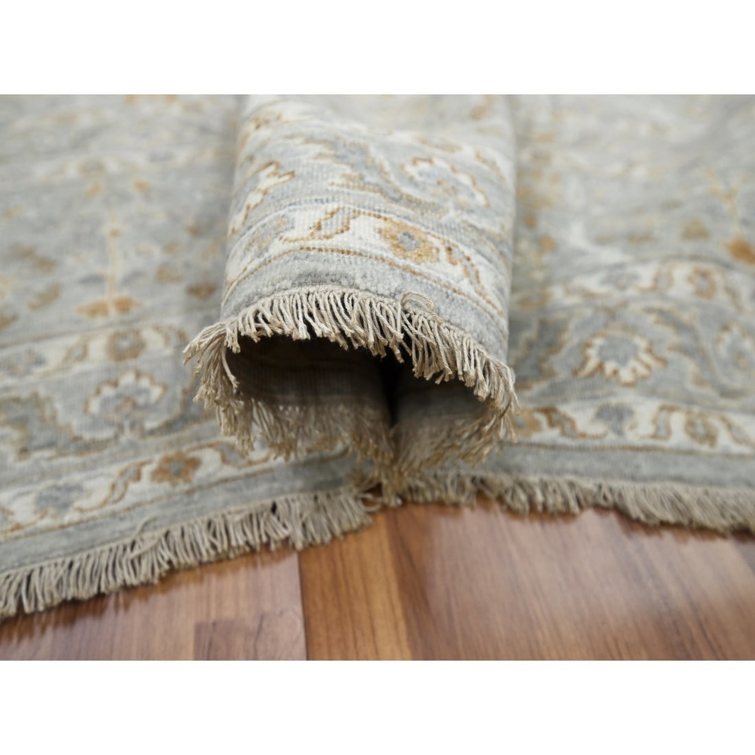 Misty Gray Hand Knotted Tree of Life Design Tone on Tone Pure Wool Rug - 5