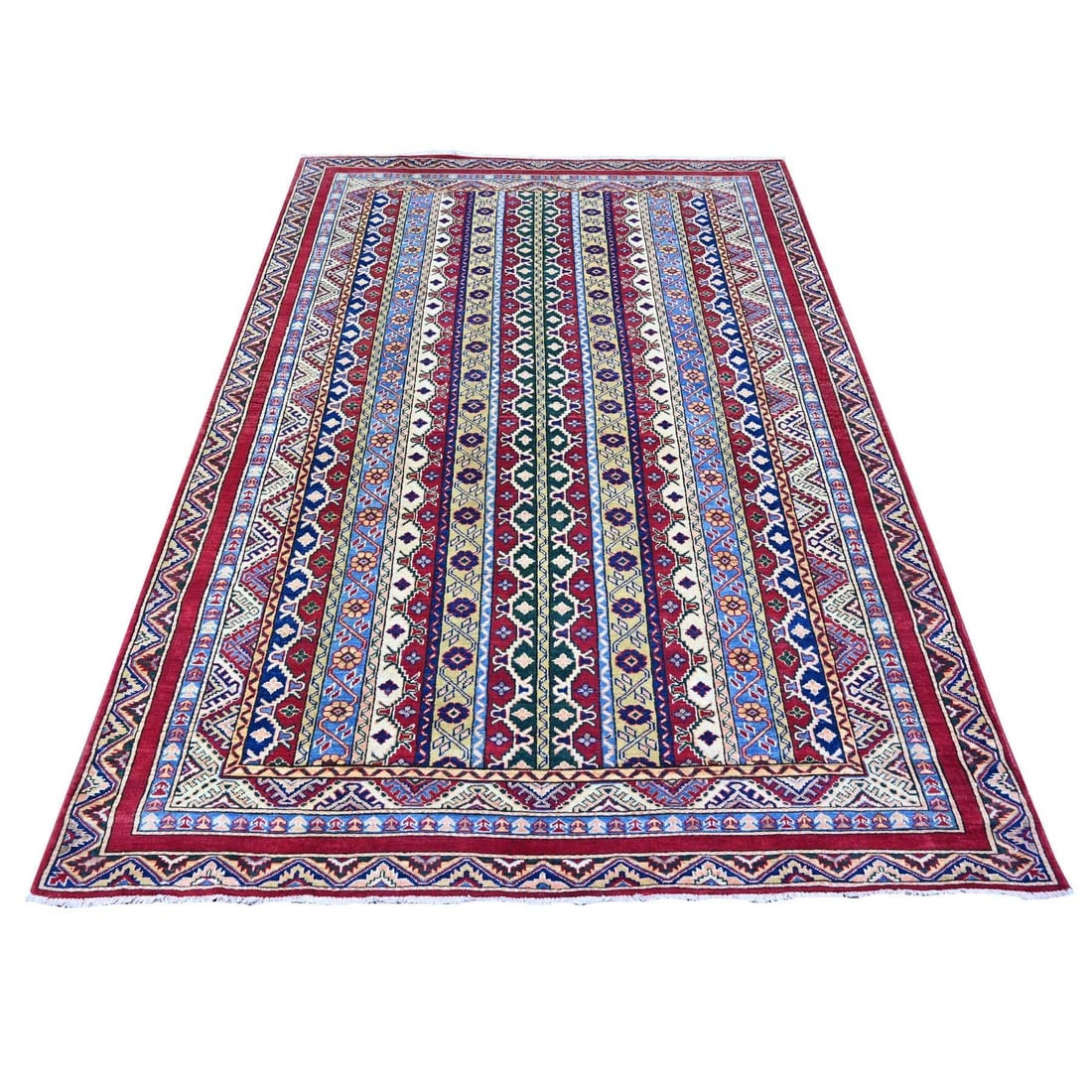 Vermilion Red Hand Knotted Afghan Super Kazak Shawl Design Wool Rug: Title: Vermilion Red Hand Knotted Afghan Super Kazak Shawl Design Wool RugDescription:This is a truly genuine one-of-a-kind. It has been Knotted for months and months in the centuries-old weaving