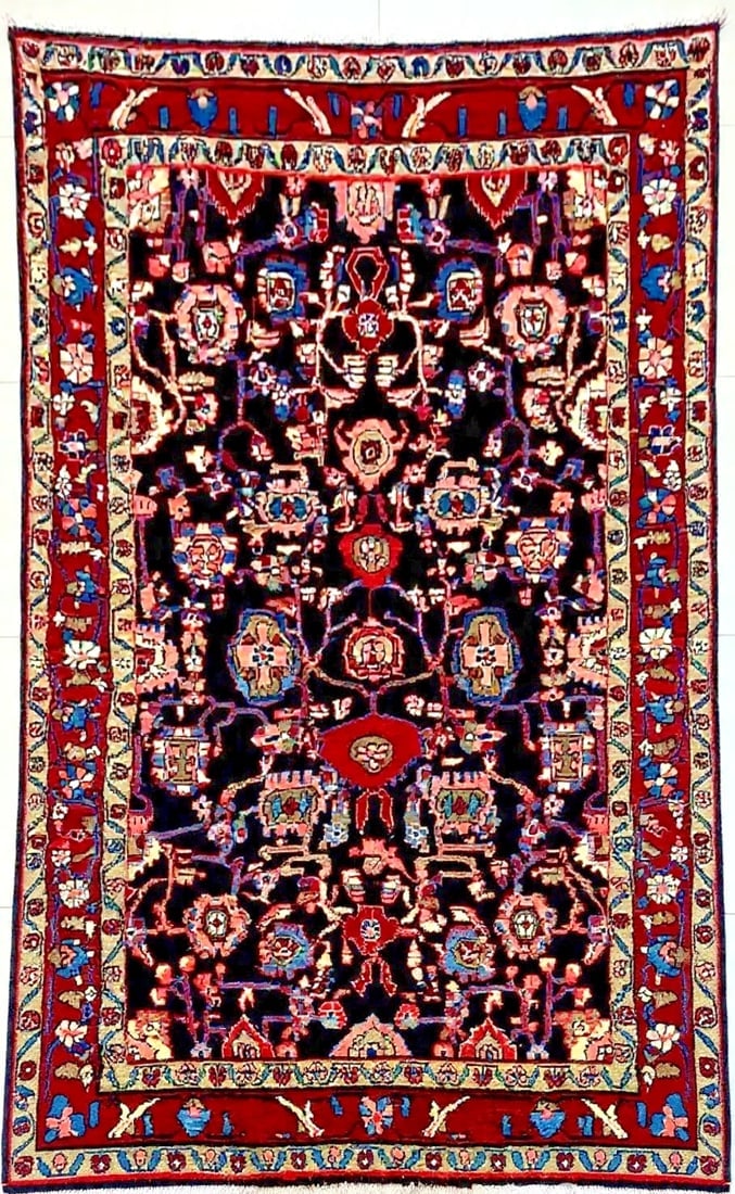Hand Knotted Persian Tribal Wool Navy Nannaj Oriental Rug 4'6" x 7'10": Title:Hand Knotted Persian Tribal Wool Navy Nannaj Oriental Rug 4'6" x 7'10"Description:• Rug Number: D34 • Country of Origin: Iran • Style, Design: Persian Tribal Nannaj,