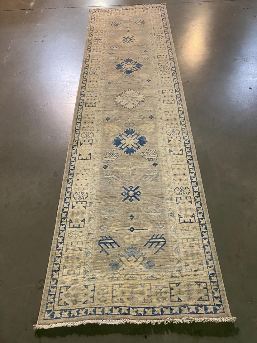 FINE SUPER KAZAK RUNNER 2'.8"x9'.9": Title:FINE SUPER KAZAK RUNNER 2'.8"x9'.9" Description:2'.8"x9'.9" Super quality Kazak Runner in Antique finish , hand spun and hand knotted in Pakistan 100% natural Veggey Dye wool Pile , in Antique m