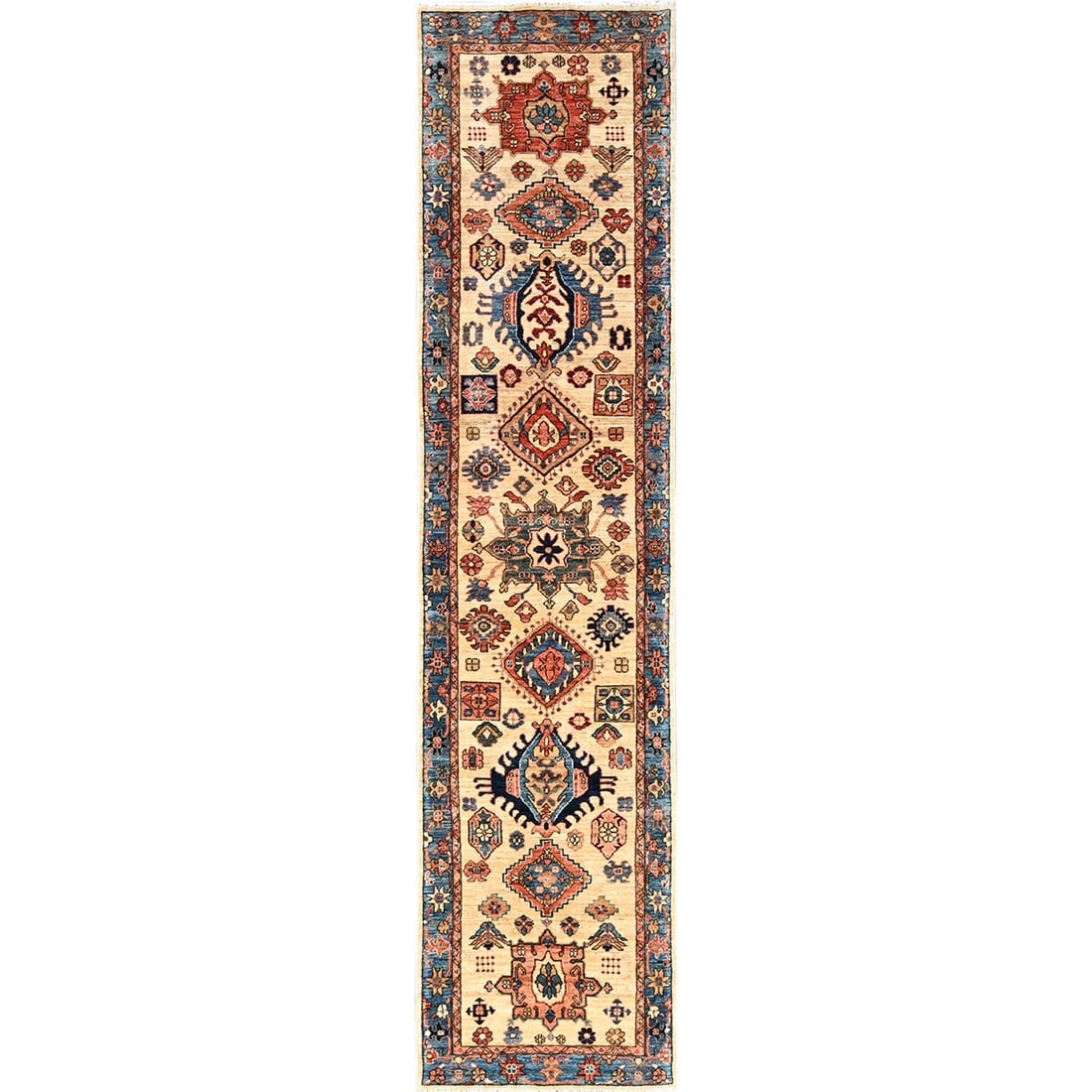 Ivory Karajeh Tribal Medallions Design Hand Knotted Wool Runner Rug: Title: Ivory Karajeh Tribal Medallions Design Hand Knotted Wool Runner Rug Description:This is a truly genuine one-of-a-kind. It has been Knotted for months and months in the centuries-old weaving cra