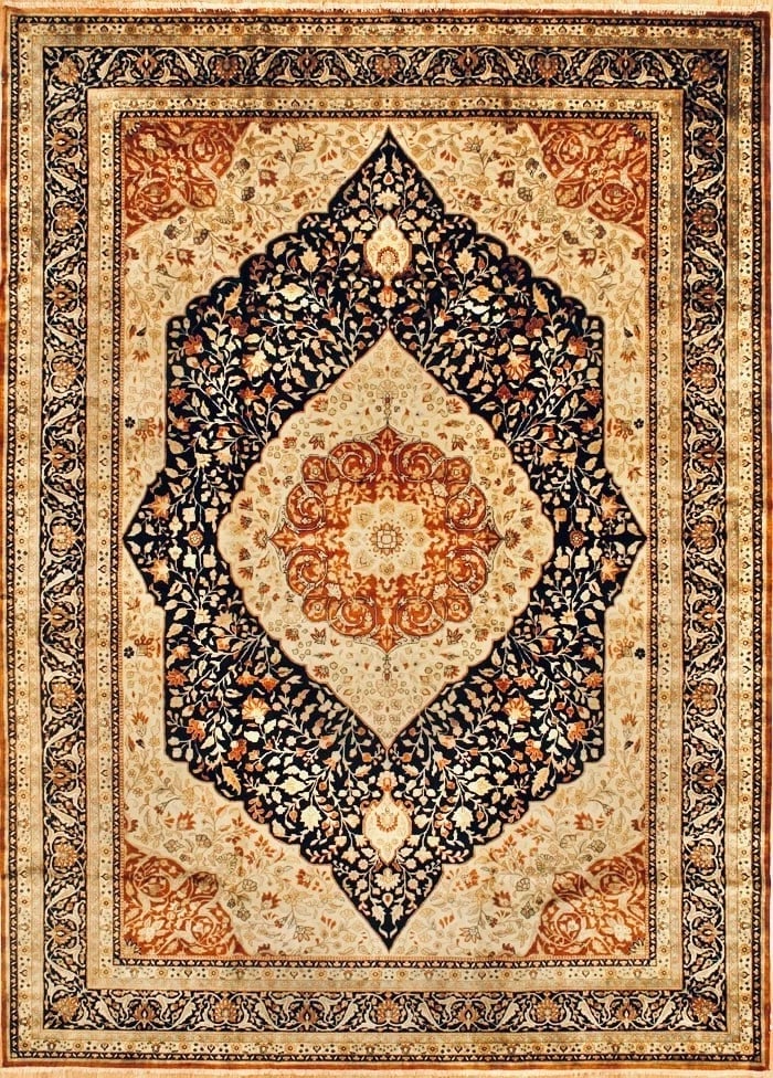 Hand-Knotted Indo-Persian Wool Black Oriental Rug Medallion Carpet 10'3" x 14'1": Title:Hand-Knotted Indo-Persian Wool Black Oriental Rug Medallion Carpet 10'3" x 14'1"Description:• Rug Number: 77427 • Country of Origin: India • Style, Design: Antique Persian,