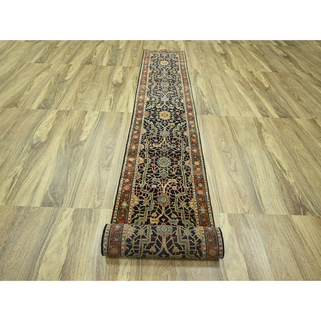 Navy Blue Heriz Design Hand Knotted New Zealand Wool Runner Rug - 2