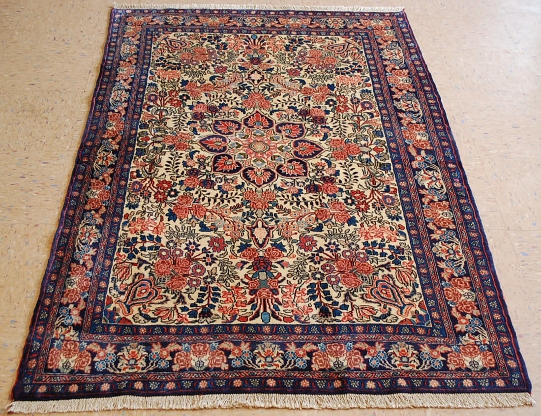 Persian BIJAR RUG 3.9x5.6: Title: Persian BIJAR RUG 3.9x5.6 Description: OLD,ANTIQUE Persian HIGHLY DETAILED HIGH KPSI_KORK WOOL AUTHENTIC HAND KNOTTED Persian BIJAR RUG CLASSIC VILLAGE WOVEN......... Ivory field with Royal Blu