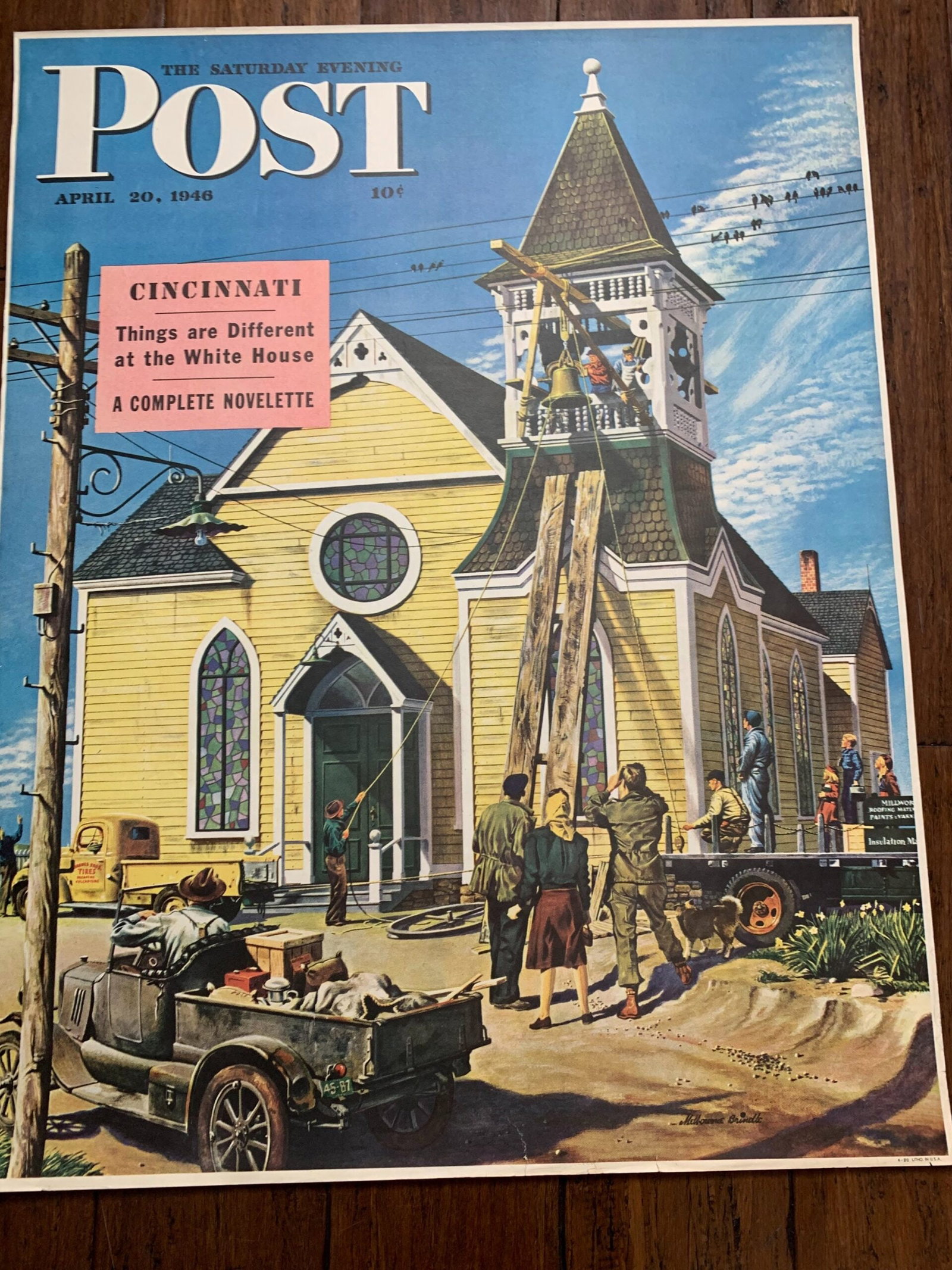 22x28 1946 Newstand Poster Saturday Evening Post - Art By E. Melbourne Brindle church Belfry Repair (1 of 1)