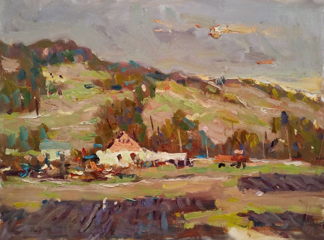 Oil painting Mountain village Sergey Ivanovich Animov: Title: Oil painting Mountain village Sergey Ivanovich Animov Description: 459DDD Painter: Sergey Ivanovich Animov Size: 26x38 cm/ 10.23x14.96 inches Components: canvas, oil Original painting from our