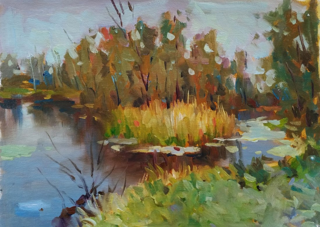 Oil painting Forest lake Sergey Ivanovich Animov: Title: Oil painting Forest lake Sergey Ivanovich Animov Description: 461DDD Painter: Sergey Ivanovich Animov Size: 26x38 cm/ 10.23x14.96 inches Components: canvas, oil Original painting from our