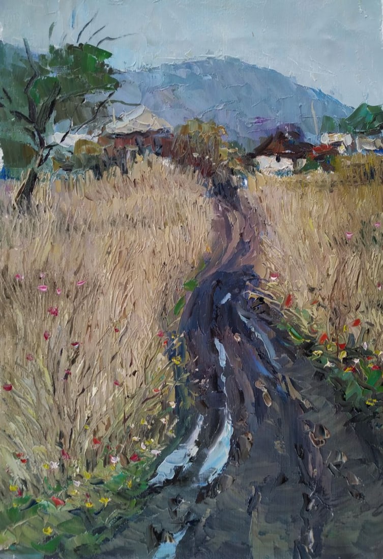 Oil painting Village road Sergey Ivanovich Animov: Title: Oil painting Village road Sergey Ivanovich Animov Description: 466DDD Painter: Sergey Ivanovich Animov Size: 38x26 cm/ 14.96x10.23 inches Components: canvas, oil Original painting from our coll