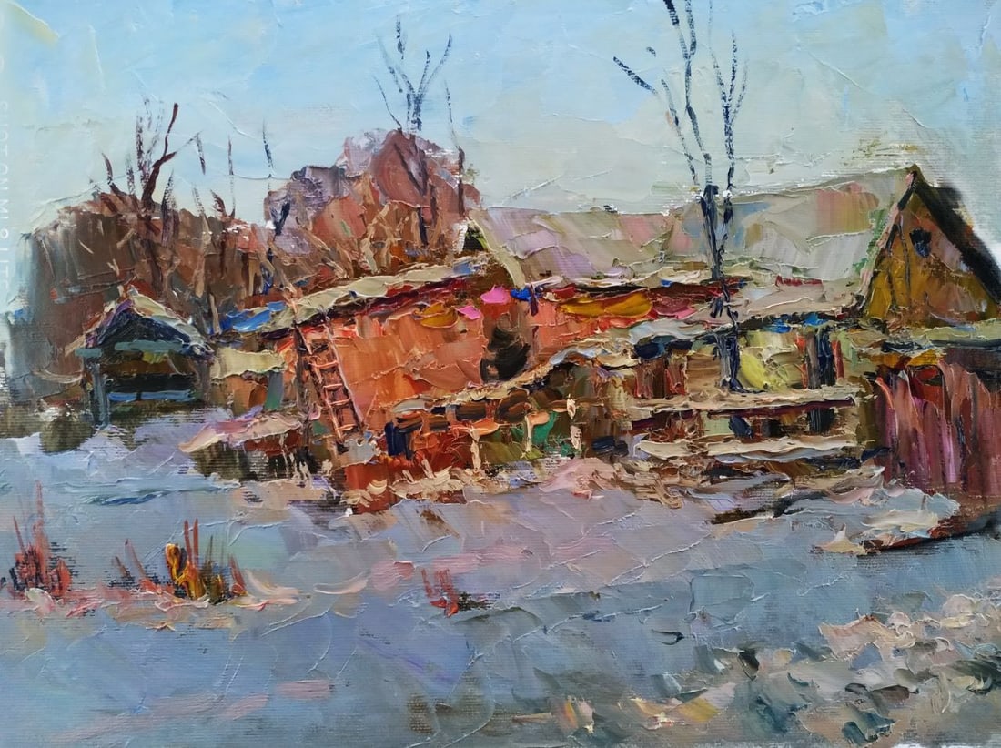 Oil painting Winter backyard Sergey Ivanovich Animov (1 of 1)