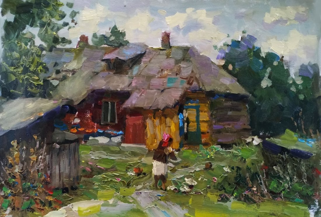 Oil painting Farm Sergey Ivanovich Animov: Title: Oil painting Farm Sergey Ivanovich Animov Description: 500DDD Painter: Sergey Ivanovich Animov Size: 26x38 cm/ 10.23x14.96 inches Components: canvas, oil Original painting from our collection E