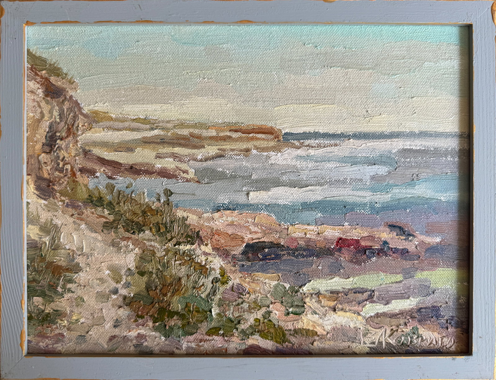 Oil painting with frame Black Sea promontory K. Leonid: Title: Oil painting with frame Black Sea promontory K. Leonid Description: 223KK Painter: K. Leonid Size: 30x40 cm/ 11.81x15.74 inches Components: oil, canvas Original painting CONDITION: exellent ERA