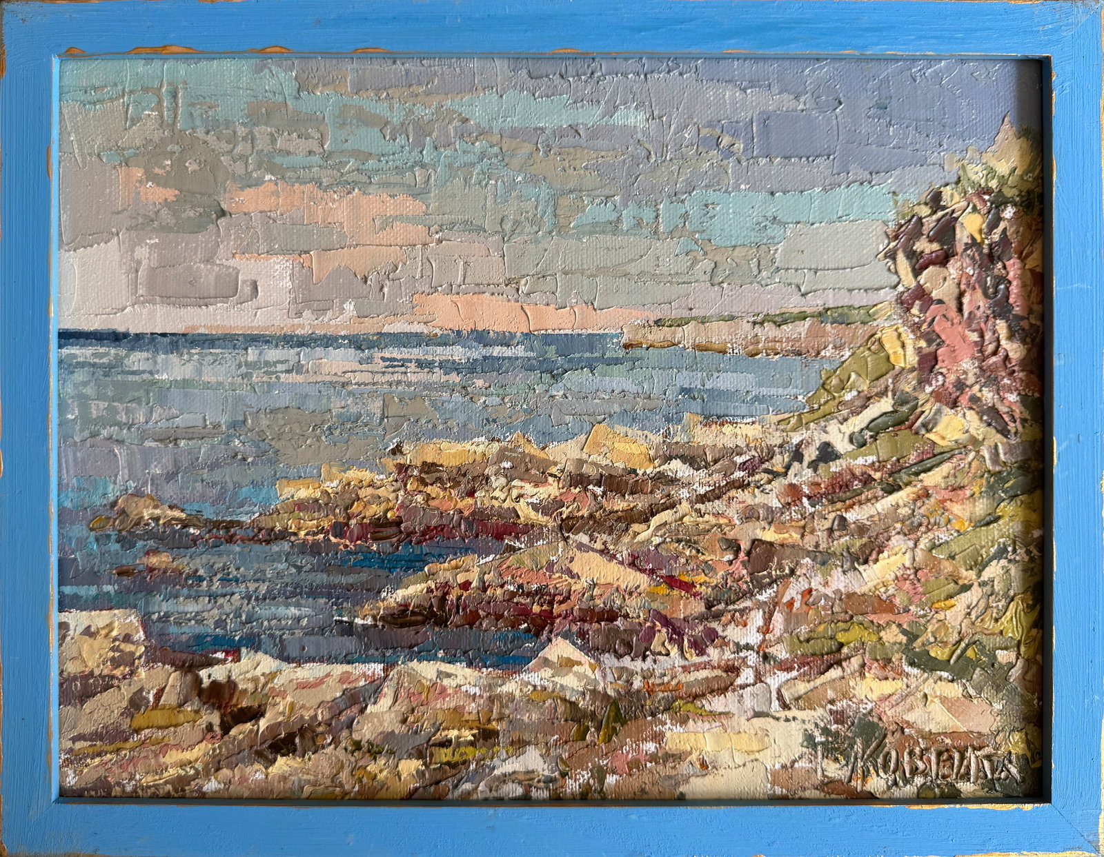 Oil painting with frame black sea coast K. Leonid: Title: Oil painting with frame black sea coast K. Leonid Description: 224KK Painter: K. Leonid Size: 30x40 cm/ 11.81x15.74 inches Components: oil, canvas Original painting CONDITION: exellent ERA:2013