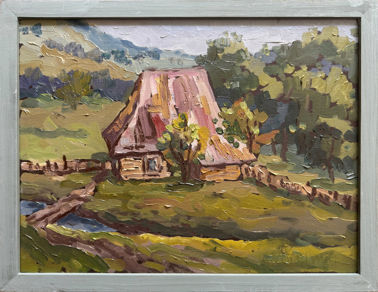 Oil painting with frame old village house in the Carpathians K. Leonid: Title: Oil painting with frame old village house in the Carpathians K. Leonid Description: 250KK Painter: K. Leonid Size: 30x40 cm/ 11.81x15.74 inches Components: oil, canvas Original painting CONDITI