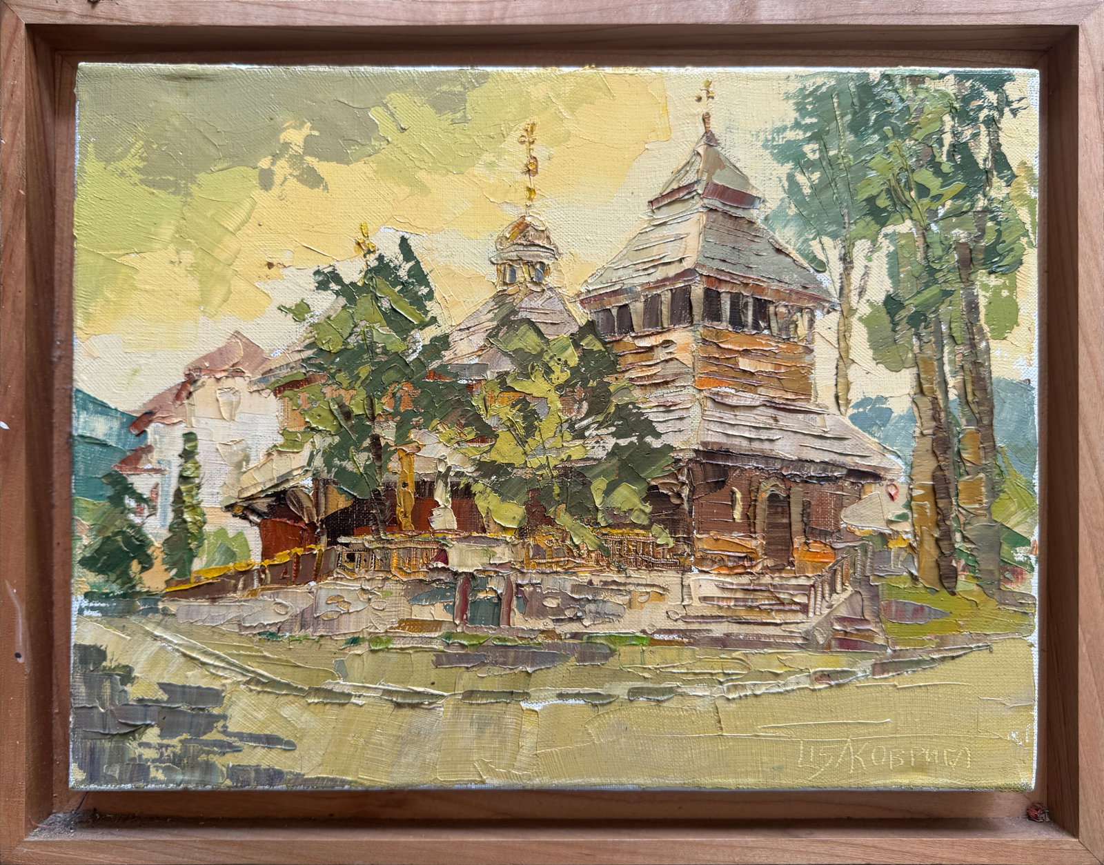 Oil painting with frame church in the carpathians K. Leonid: Title: Oil painting with frame church in the carpathians K. Leonid Description: 259KK Painter: K. Leonid Size: 30x40 cm/ 11.81x15.74 inches Components: oil, canvas Original painting CONDITION: exellen