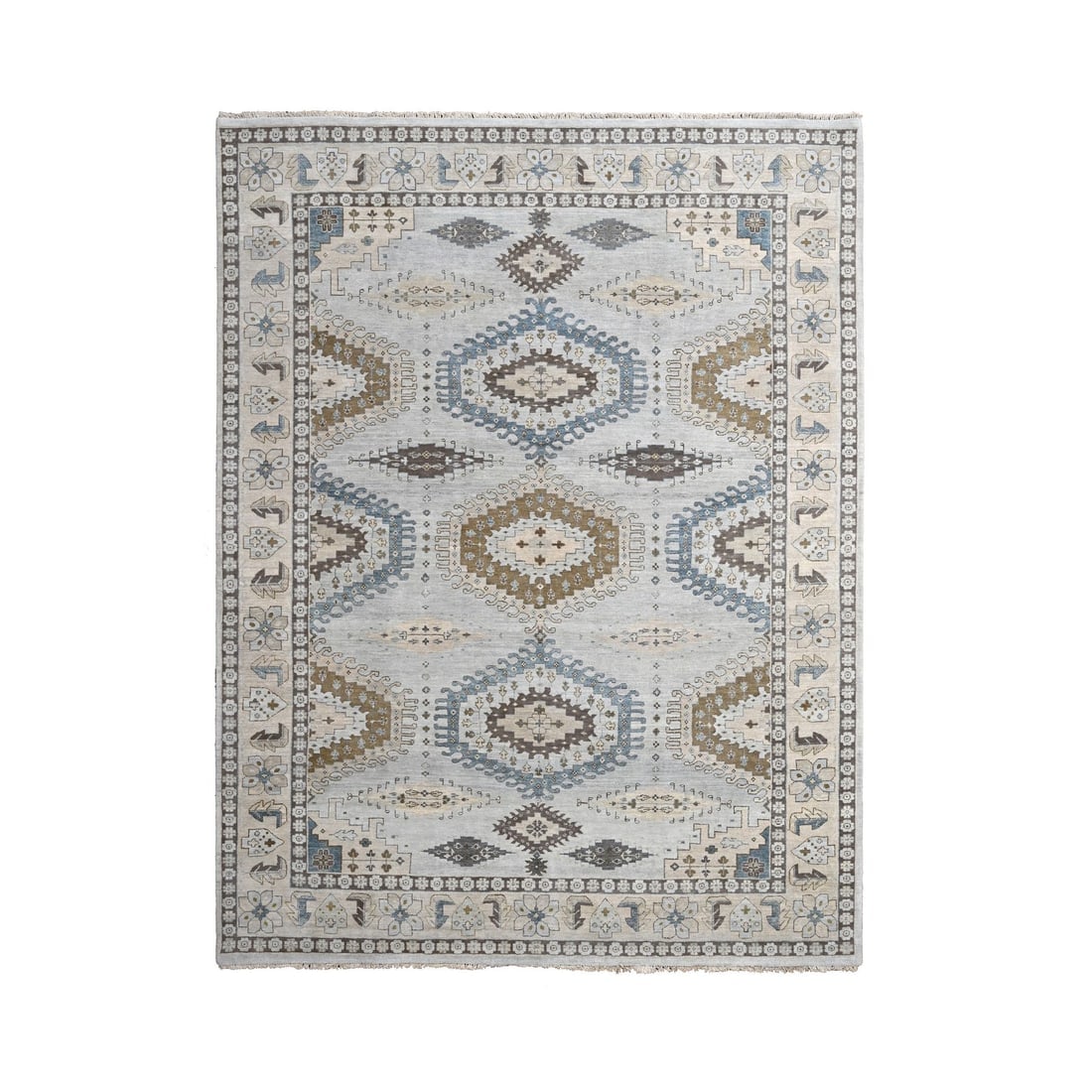 Chrome Gray Persian Village Geometric Medallions Wool Hand Knotted Rug: Title: Chrome Gray Persian Village Geometric Medallions Wool Hand Knotted Rug Description:This is a truly genuine one-of-a-kind. It has been Knotted for months and months in the centuries-old weaving