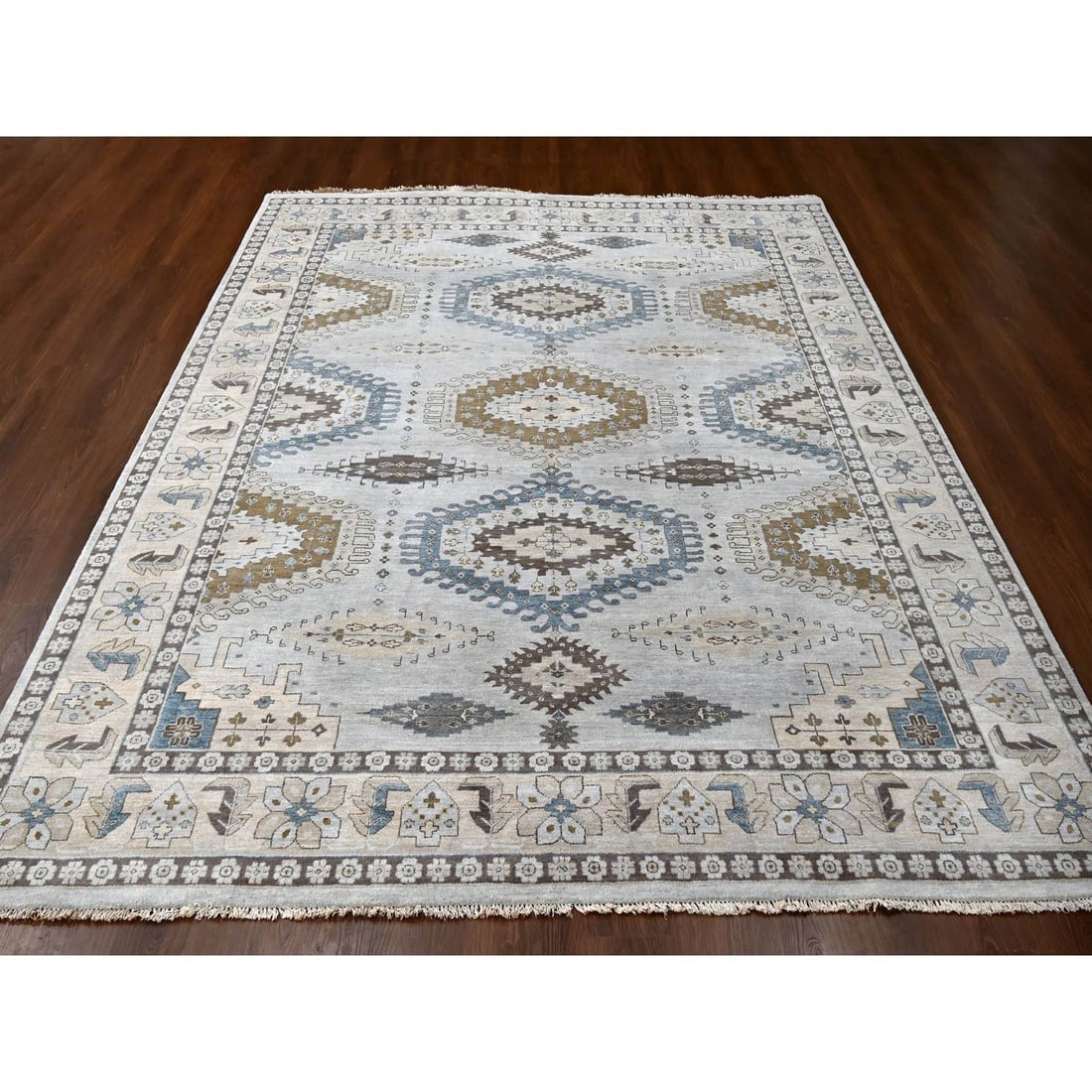 Chrome Gray Persian Village Geometric Medallions Wool Hand Knotted Rug - 2