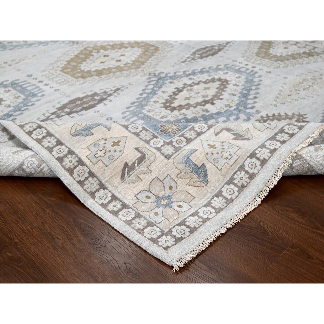 Chrome Gray Persian Village Geometric Medallions Wool Hand Knotted Rug - 6