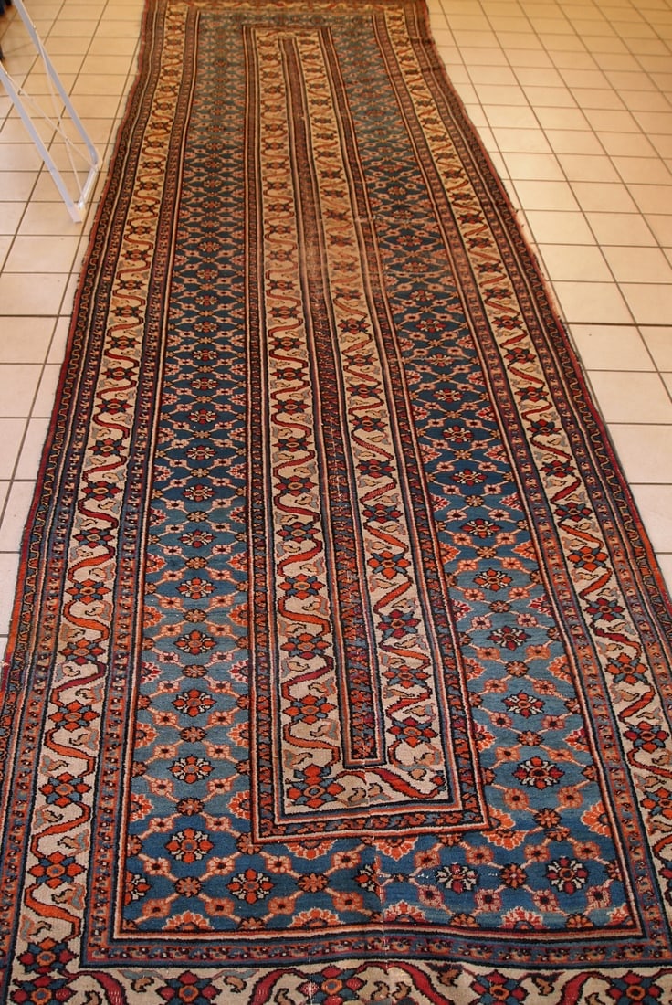 Handmade antique Persian Mashad runner 4.3' x 14' (132cm x 427cm) 1900s - 9