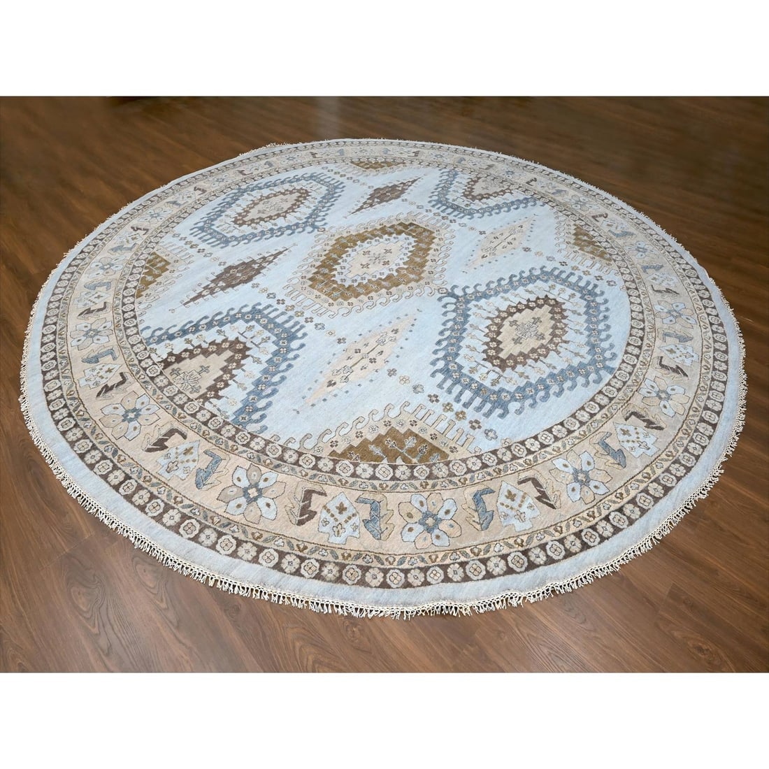 Mist Gray Hand Knotted Persian Village Inspired Pure Wool Round Rug - 2