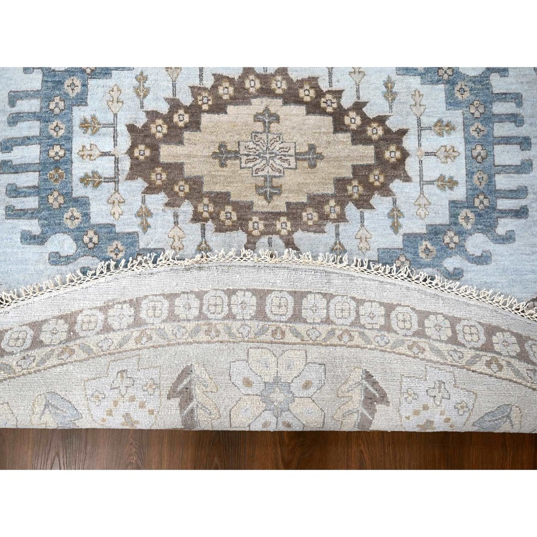 Mist Gray Hand Knotted Persian Village Inspired Pure Wool Round Rug - 3