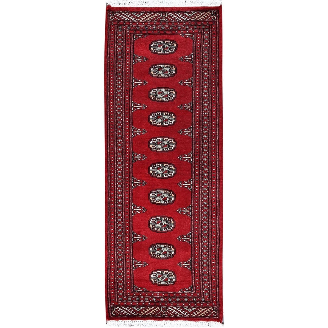 Red Princess Bokara with Medallions Hand Knotted Soft Wool Runner Rug: Title: Red Princess Bokara with Medallions Hand Knotted Soft Wool Runner RugDescription:This is a truly genuine one-of-a-kind. It has been Knotted for months and months in the centuries-old weaving