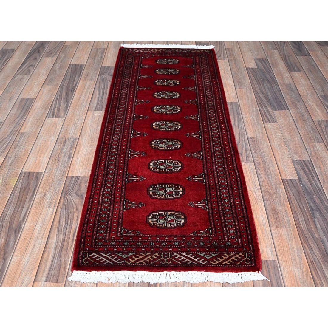 Red Princess Bokara with Medallions Hand Knotted Soft Wool Runner Rug - 2