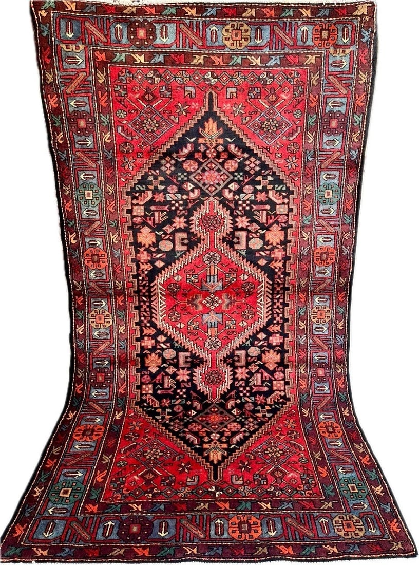Hand Knotted Wool Persian Zanjan Tribal Oriental Rug 4'11" x 8'8" Navy Red - 11