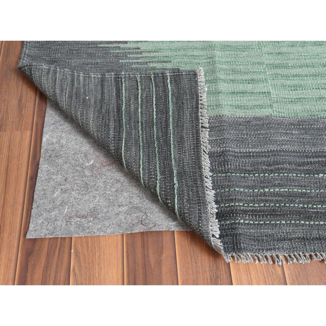 Light Green Ethnic Design Flat Weave Kilim Wool Hand Woven Rug - 3