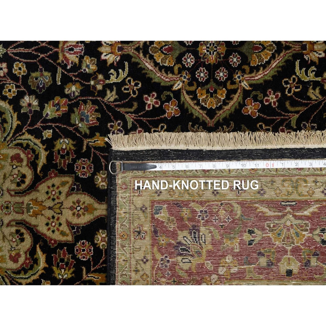 Onyx Black Intricate Kashan Revival New Zealand Wool Hand Knotted Rug - 11