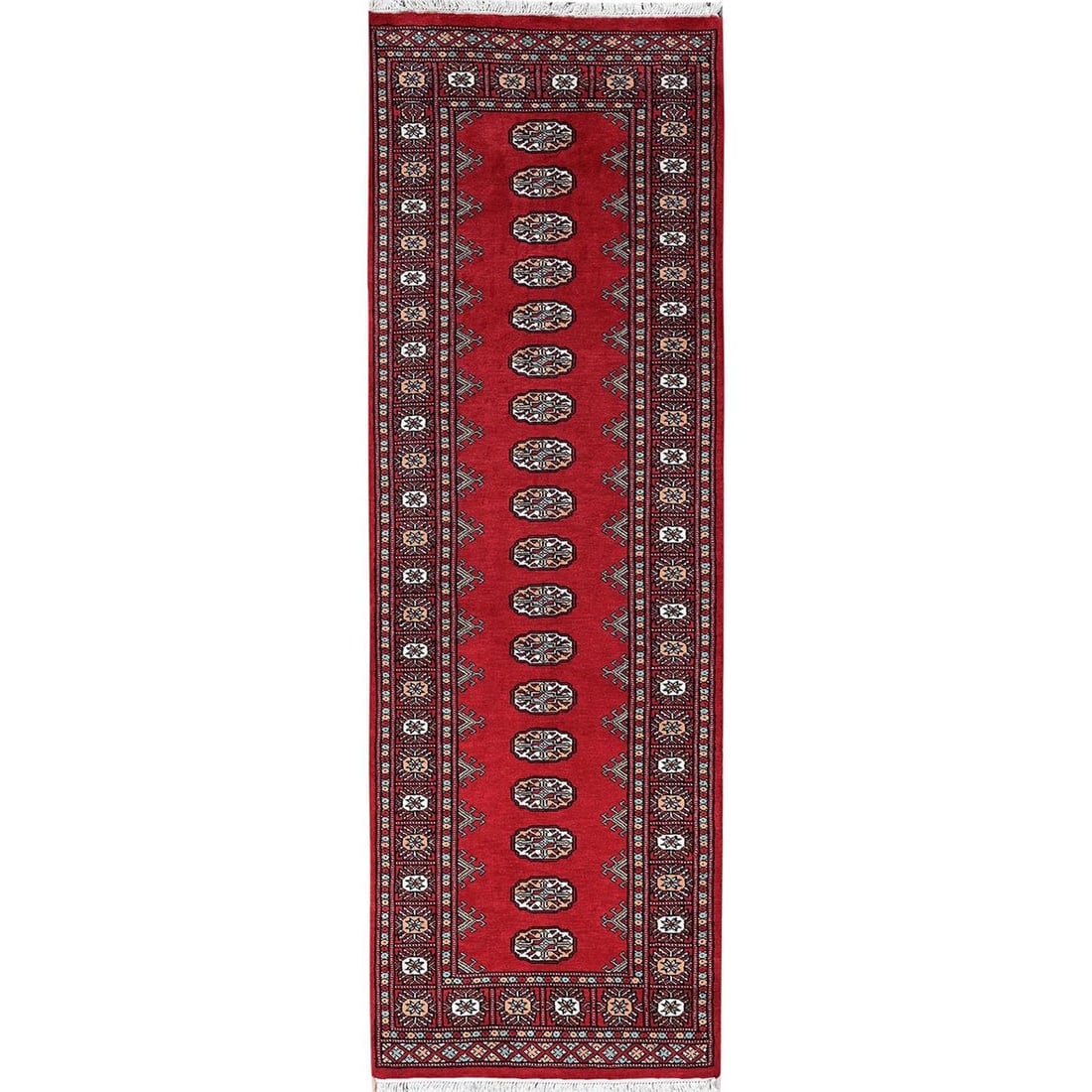 Red Soft and Shiny Wool Princess Bokara Hand Knotted Runner Rug: Title: Red Soft and Shiny Wool Princess Bokara Hand Knotted Runner Rug Description:This is a truly genuine one-of-a-kind. It has been Knotted for months and months in the centuries-old weaving craftsm