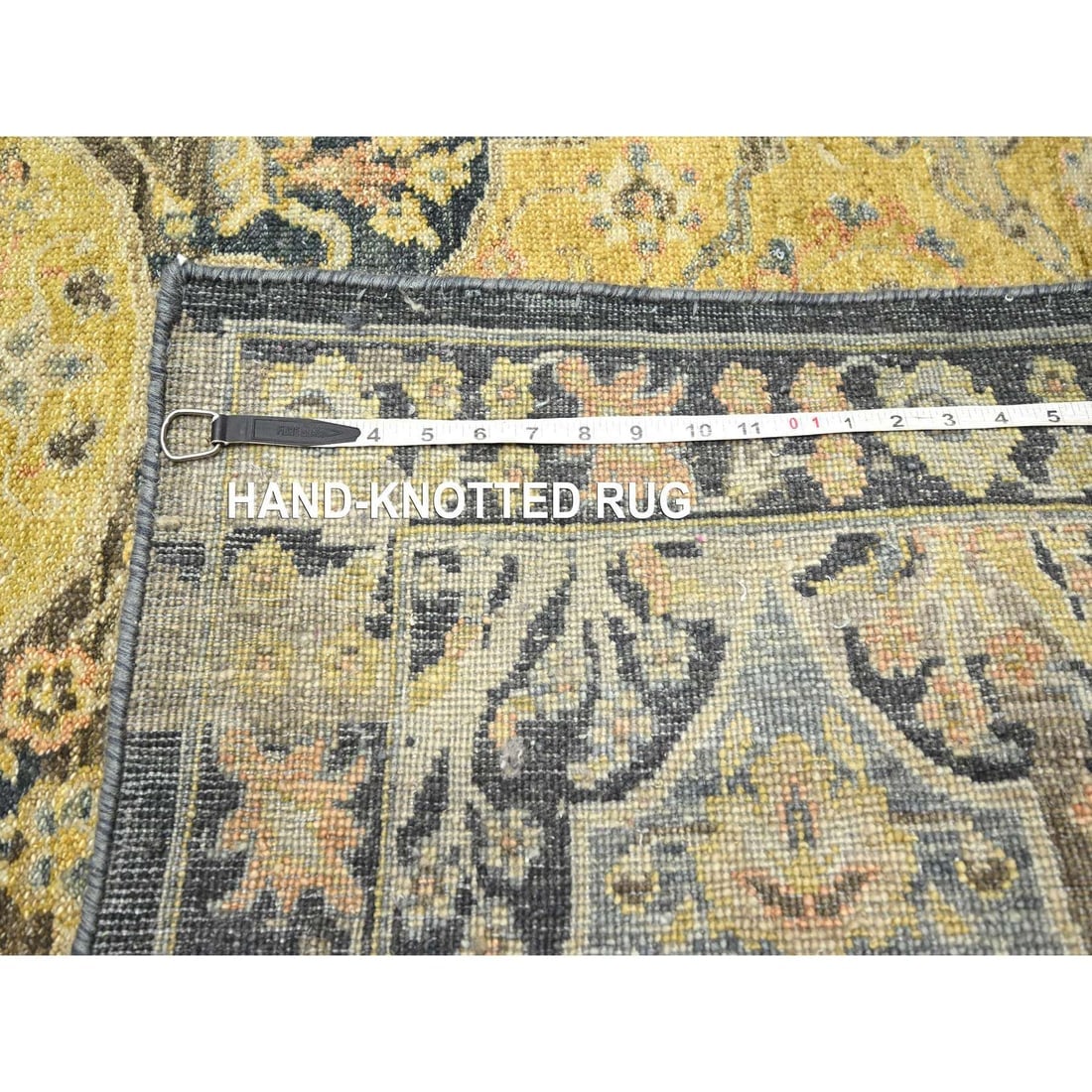 Black with Yellow Repetitive Emblem Design Hand Knotted Pure Wool Rug - 11