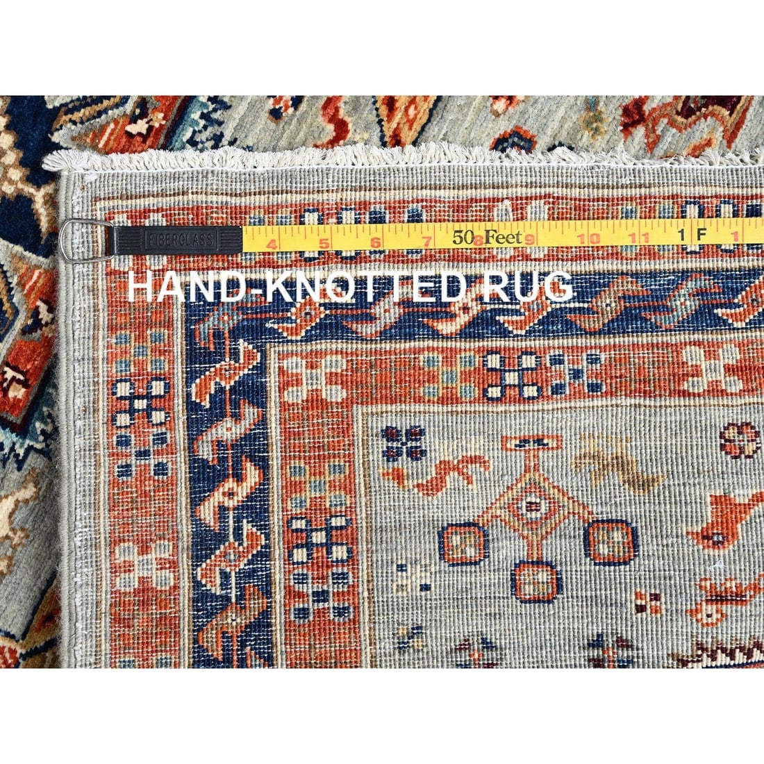 Gray Armenian Inspired Caucasian Design Hand Knotted Wool Runner Rug - 7