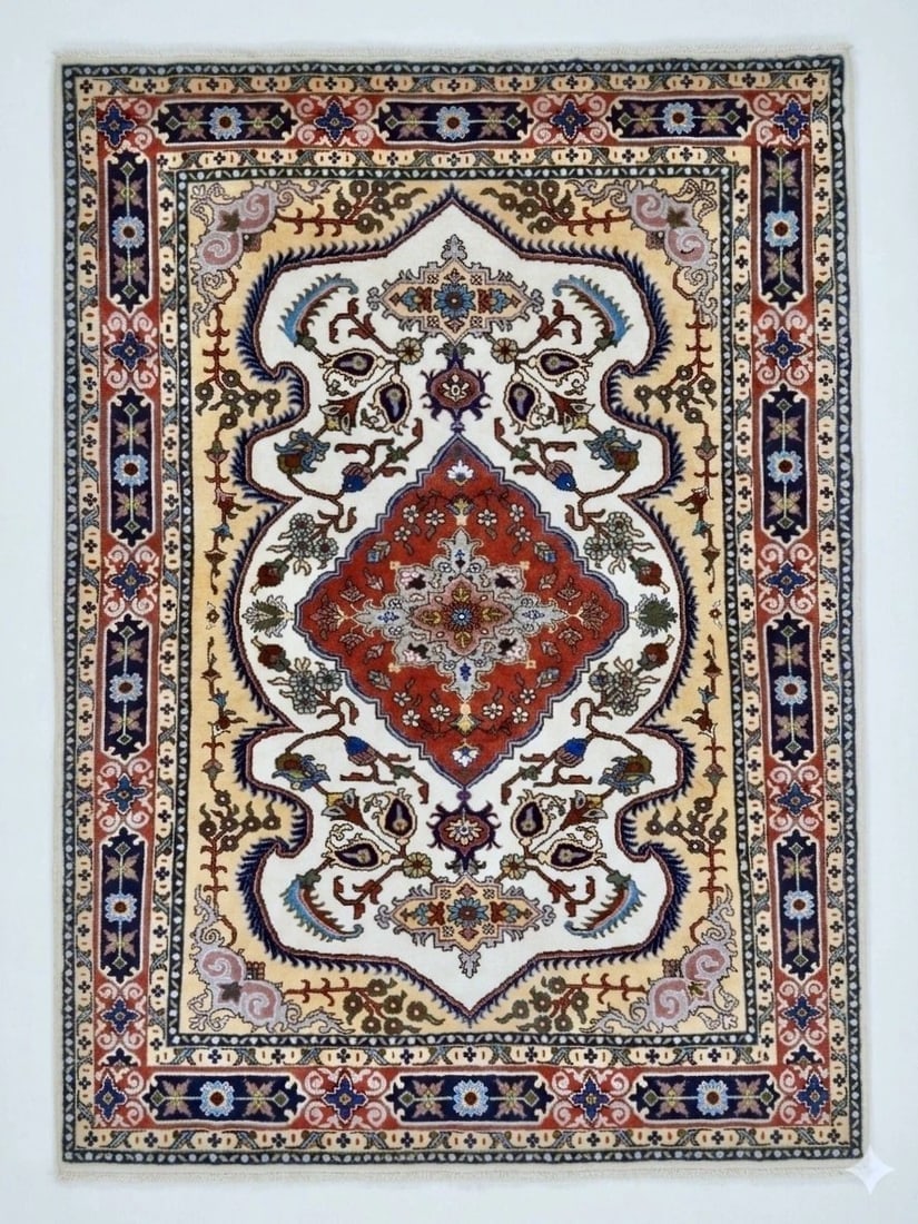 Hand Knotted Persian Tabriz Wool Ivory Oriental Area Rug 4'10" x 6'6" - 5