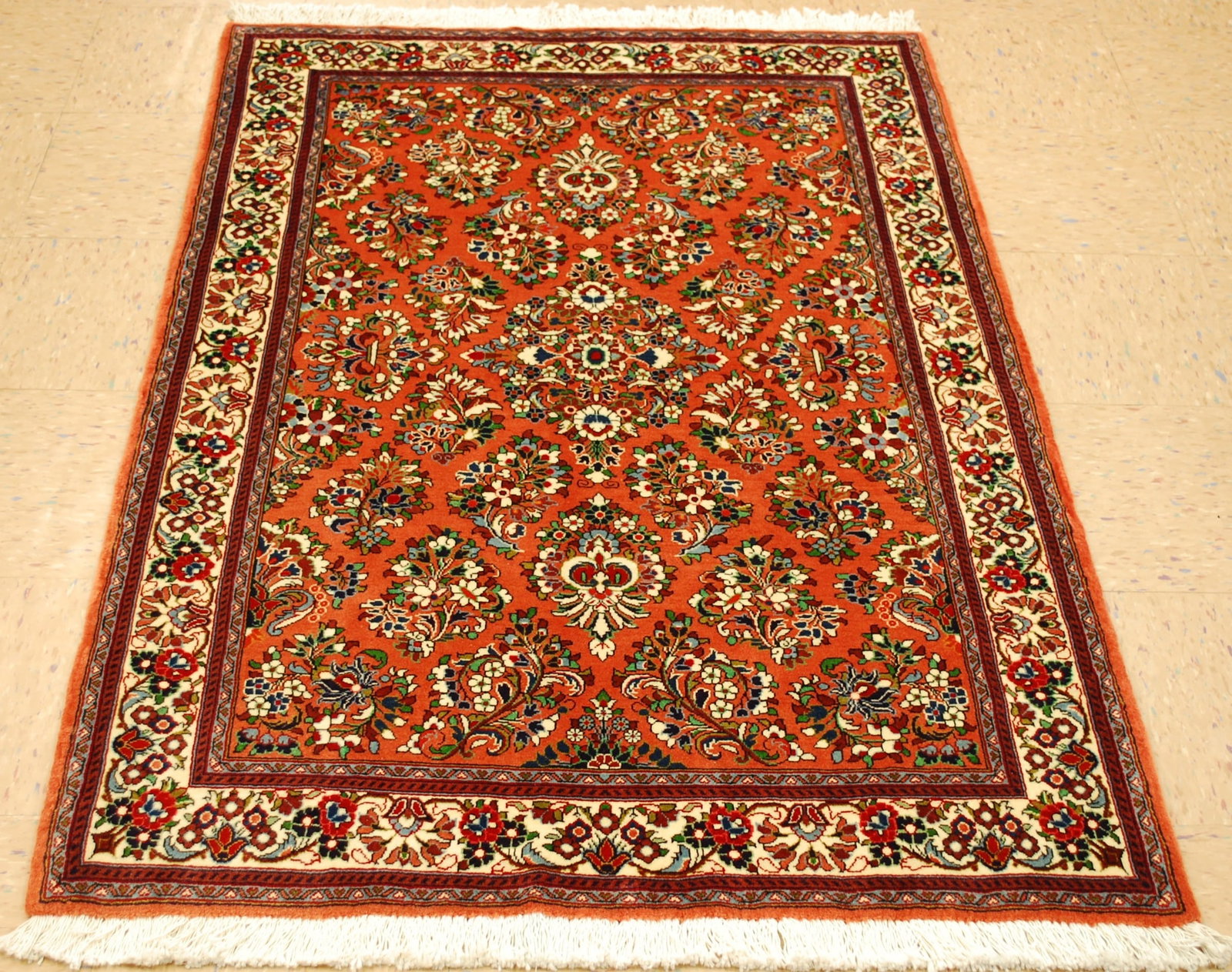 PERSIAN SARUK RUG 3.5x5.2: Title: PERSIAN SARUK RUG 3.5x5.2 Description:ANTIQUE HIGHLY DETAILED FINE WOVEN HIGH KPSI_KORK WOOL AUTHENTIC HANDKNOTTED PERSIAN SARUK RUG circa 1930s with a unique size of 3' 5" x 5' 2" Delicately w