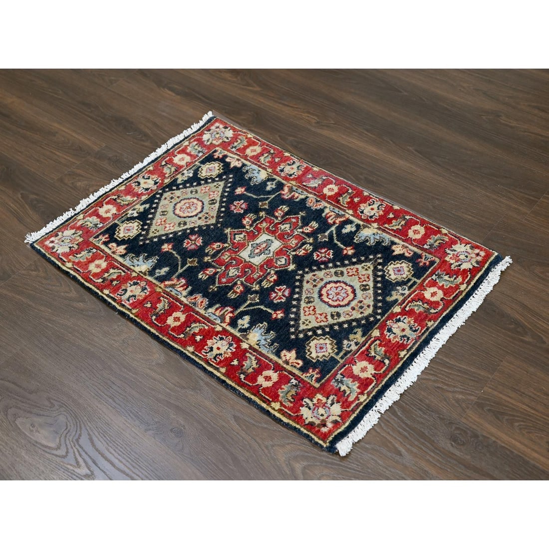 Power Black Hand Knotted Karajeh with Medallion Design Wool Mat Rug - 2
