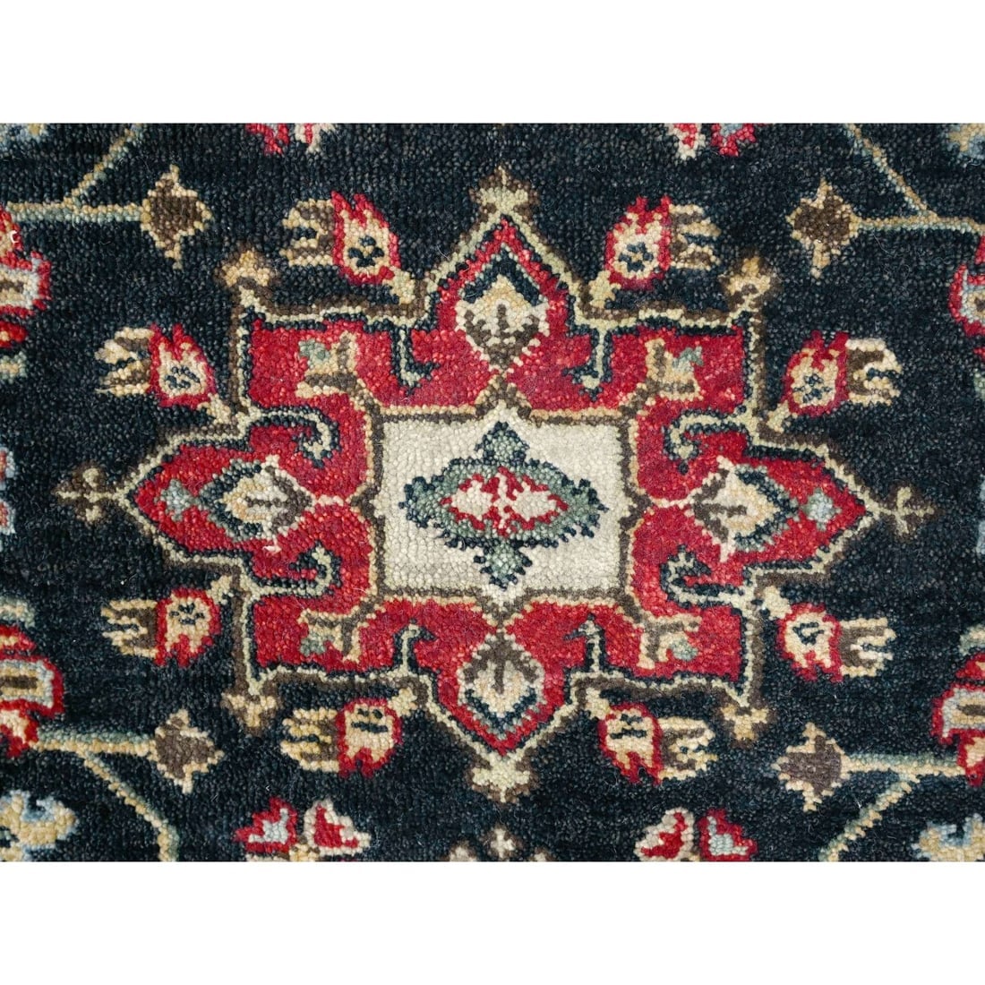 Power Black Hand Knotted Karajeh with Medallion Design Wool Mat Rug - 4