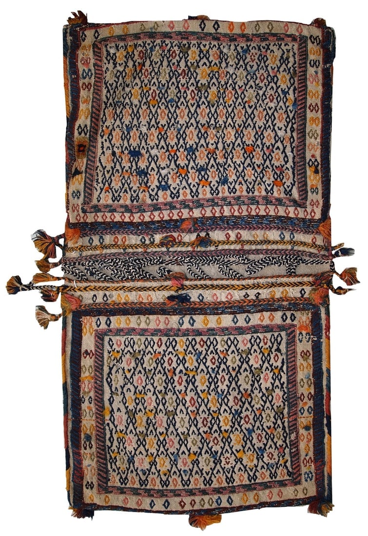Handmade antique Persian Sumak sadle double bag 1.8' x 3.3' ( 55cm x 100cm) 1940s - 2